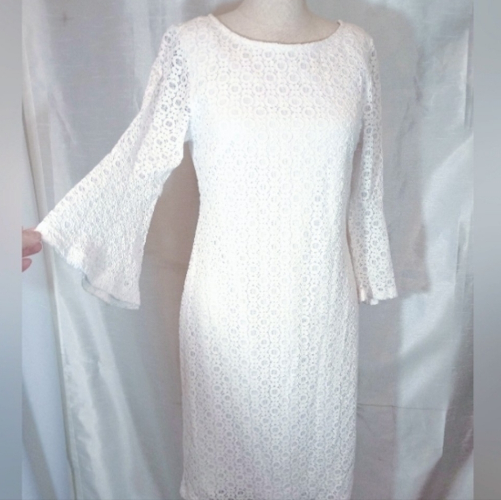 Chico's Midi Dress, Lace Bell, Long Sleeve Geometric Floral,Ivory, Sm Or Chico's